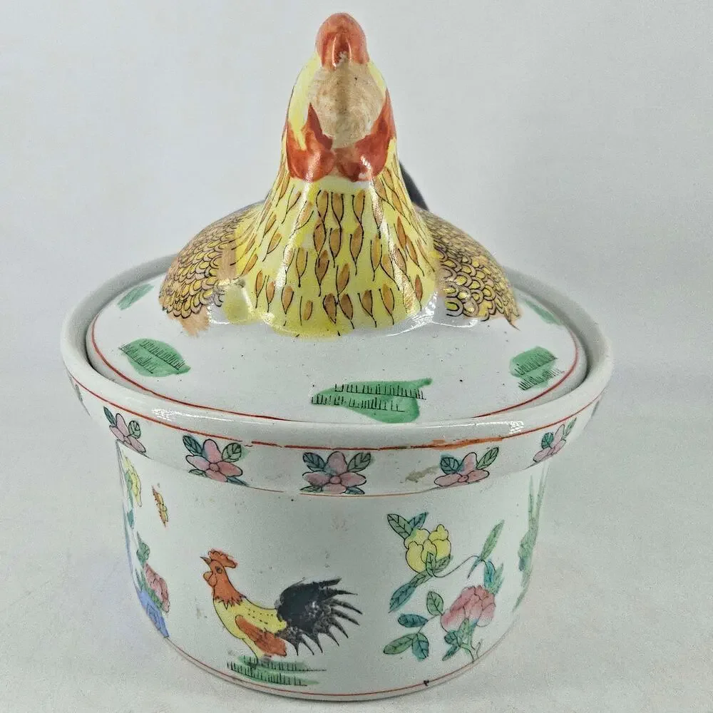 Vintage Chinese Hand Painted hen on nest Covered Casserole Dish Tureen